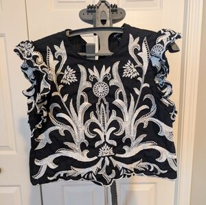 Express Black and White Embroidered Blouse